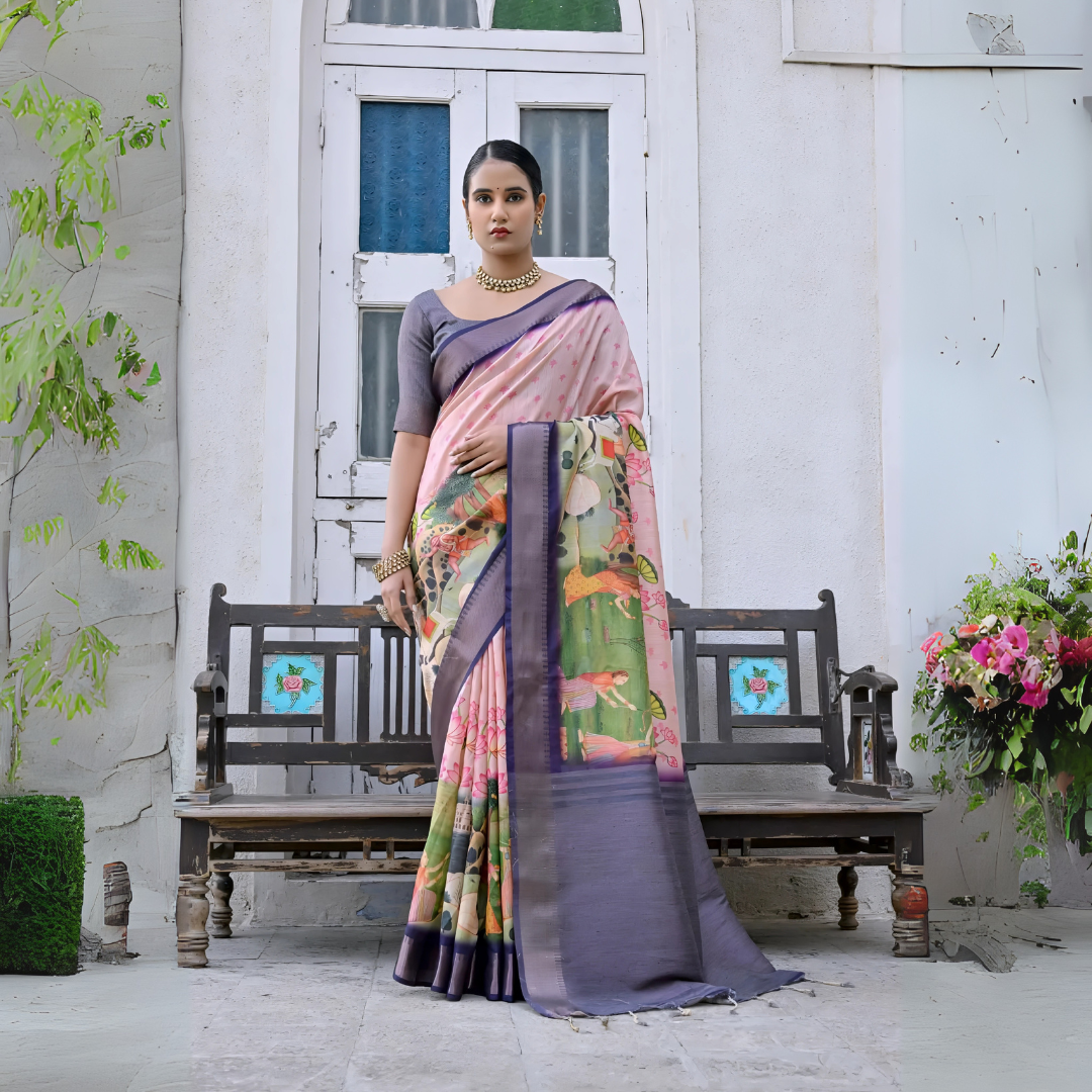 A woman models an elegant Light Peach Soft Silk Saree featuring a large-scale floral and figurative Pichwai-style print. The saree has a wide Slate Grey/Smoky Purple border and pallu. She wears a matching short-sleeve grey blouse and a gold Kundan choker necklace, posing outdoors next to an old wooden bench.