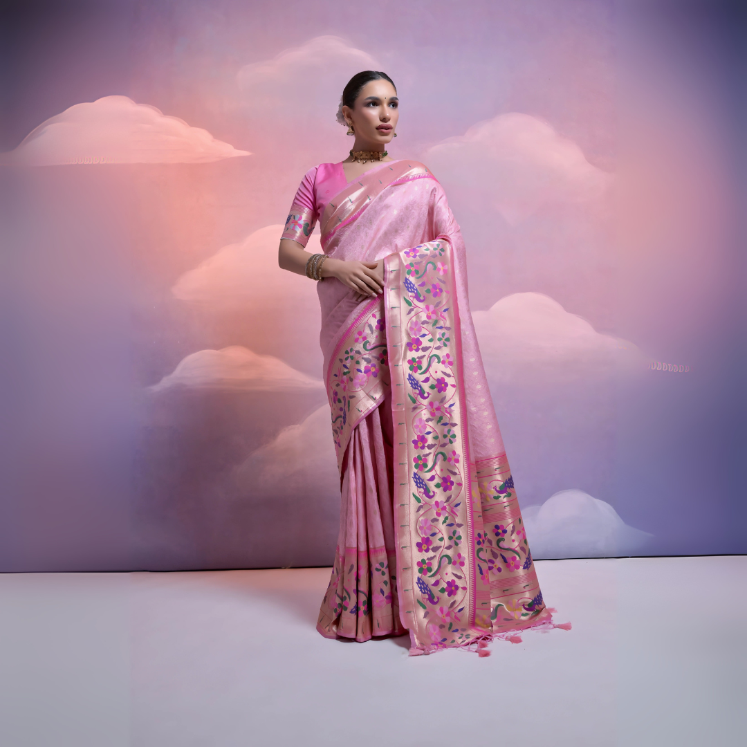 Pastel Pink Banarasi Silk Saree Floral Zari Border