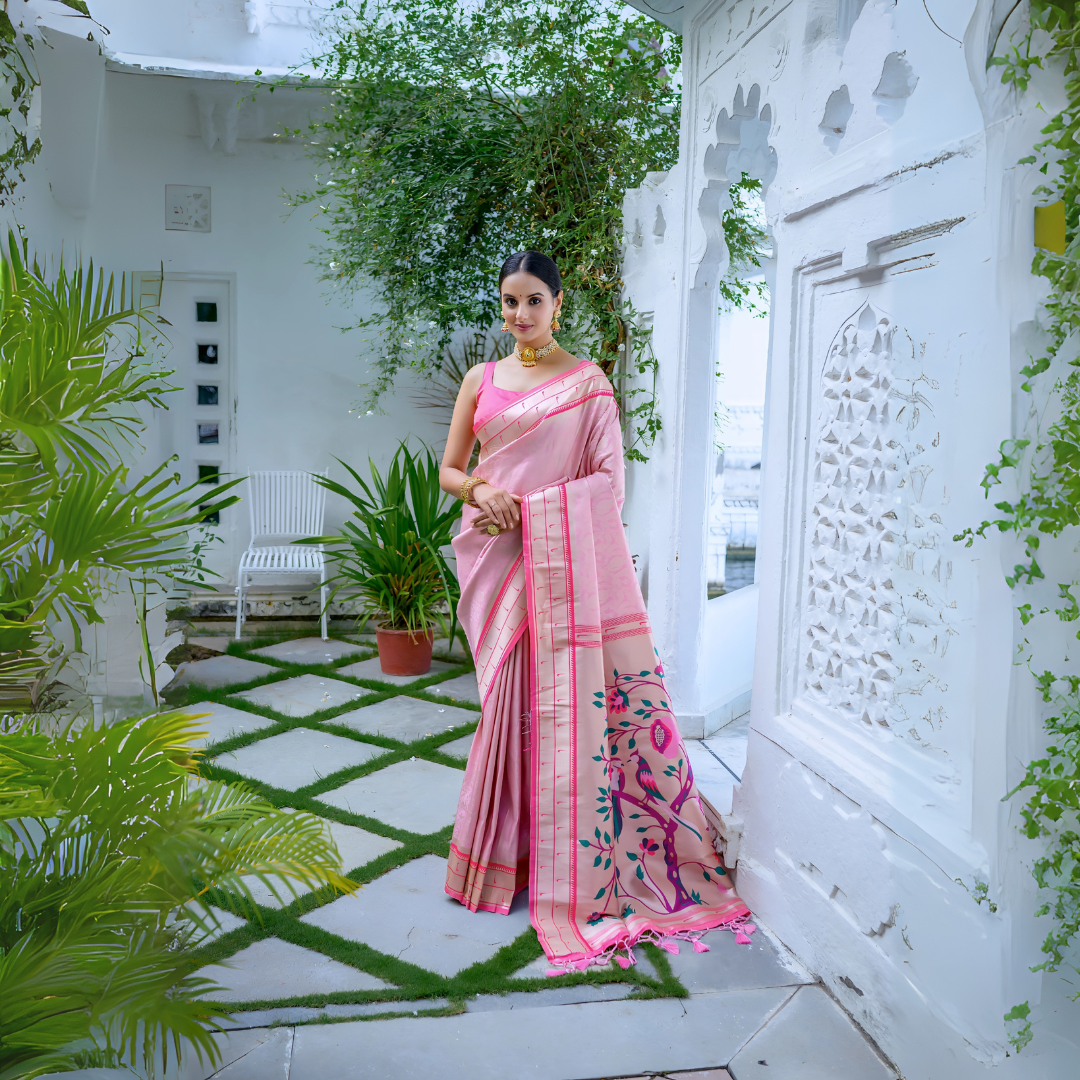 Pastel Pink Handpainted Silk Saree Courtyard