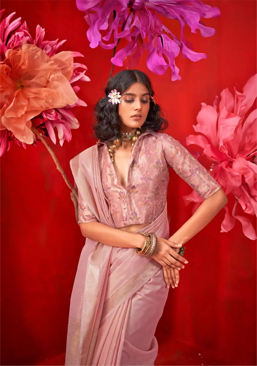 Pastel Pink Zari Work Silk Saree - kalyanja