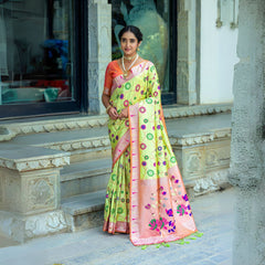 Pastel Pistachio Green Zari Work Soft Banarasi Silk Saree - kalyanja