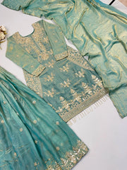 Pastel Sea Green Embroidered Sharara Suit flat lay full set angle 5 – Kalyanja KU298