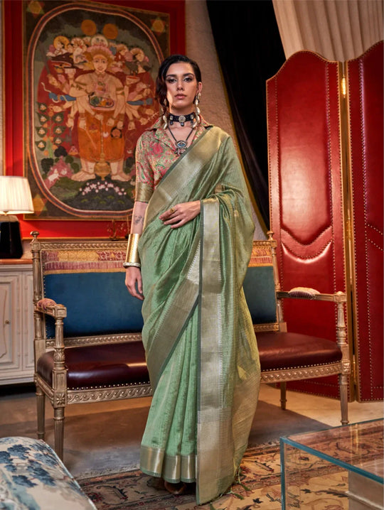 Pastel Sea Green Jacquard Work Moss Chiffon Saree for Women