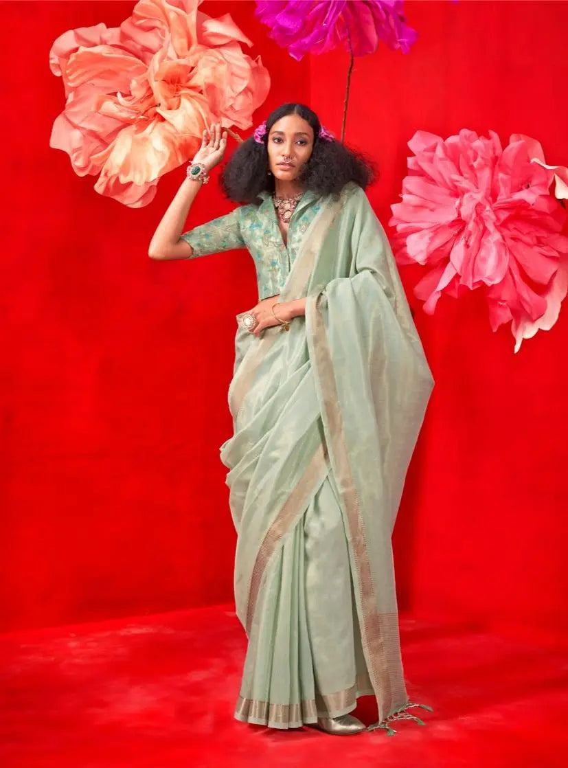 Pastel Sea Green Zari Work Silk Saree - kalyanja
