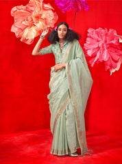 Pastel Sea Green Zari Work Silk Saree - kalyanja