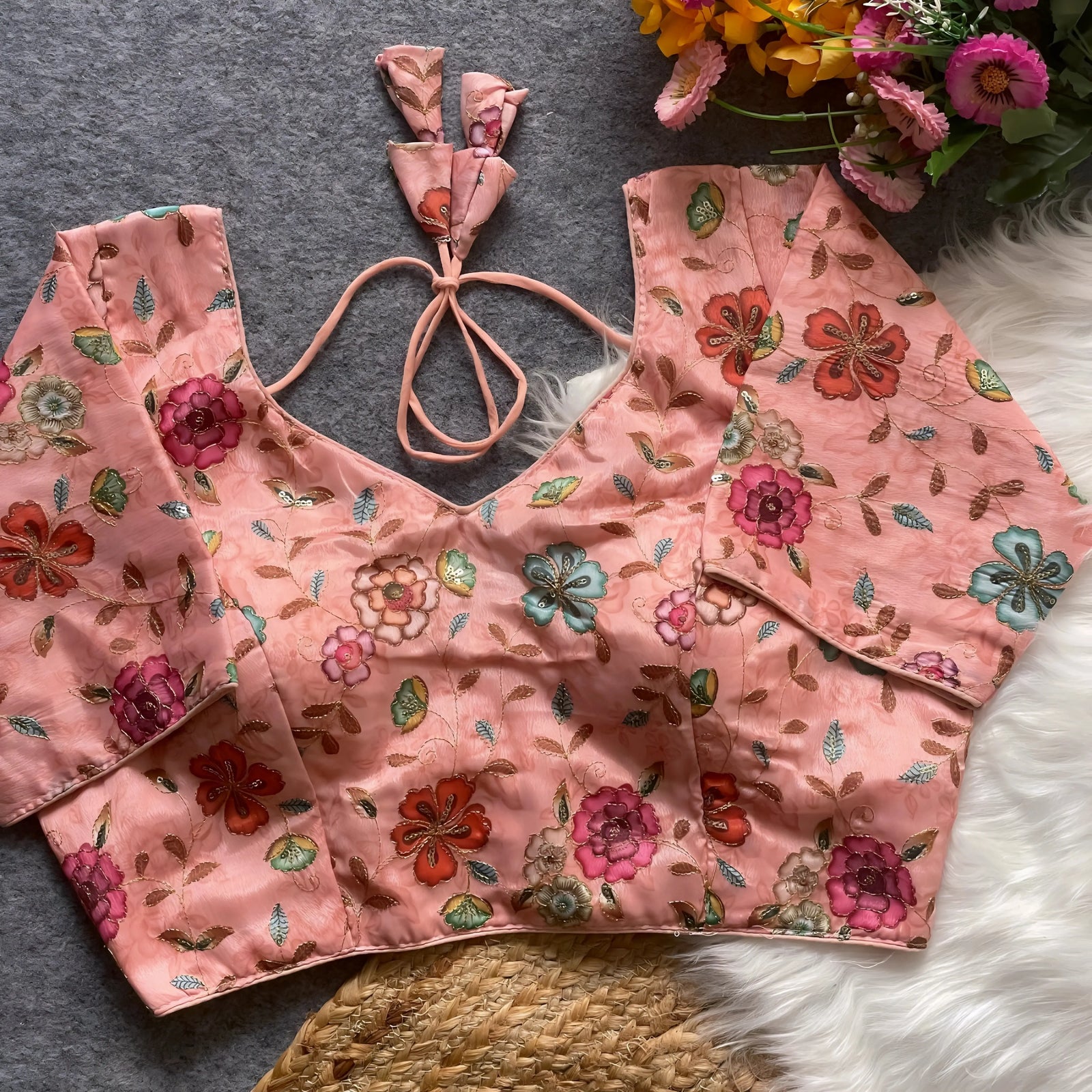 Peach floral embroidered padded blouse with multicolor threadwork flowers and back tie detail, displayed on a grey surface with artificial flowers and white fur in the background.