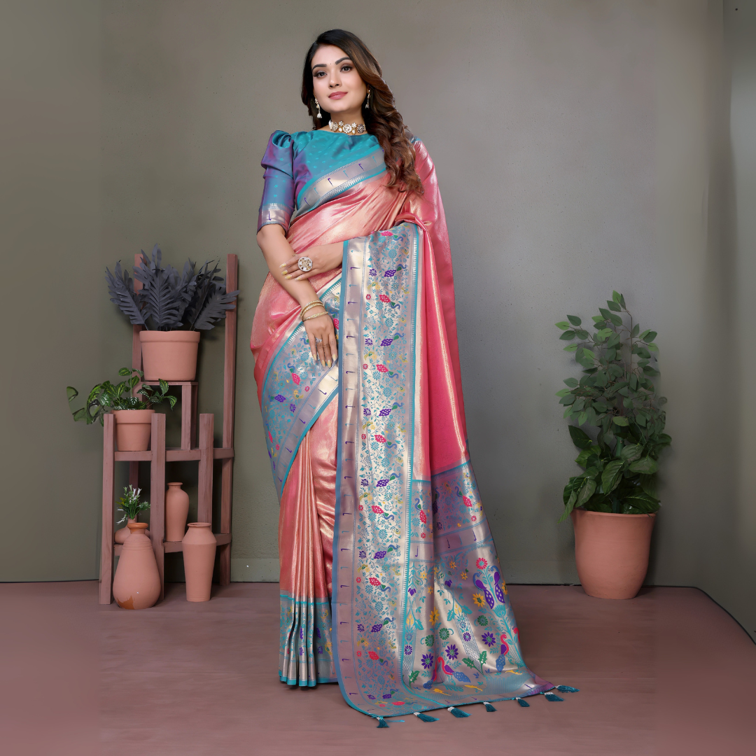 Pink Paithani Woven Banarasi Tissue Silk Saree