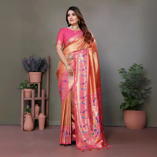 Orange Paithani Woven Banarasi Tissue Silk Saree