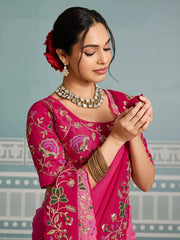 Dark Pink Embroidery Work Soft Georgette Saree - kalyanja