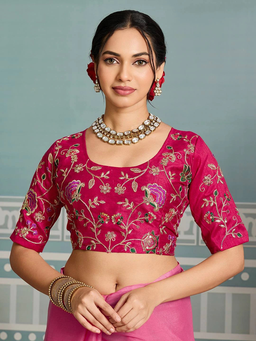Dark Pink Embroidery Work Soft Georgette Saree - kalyanja