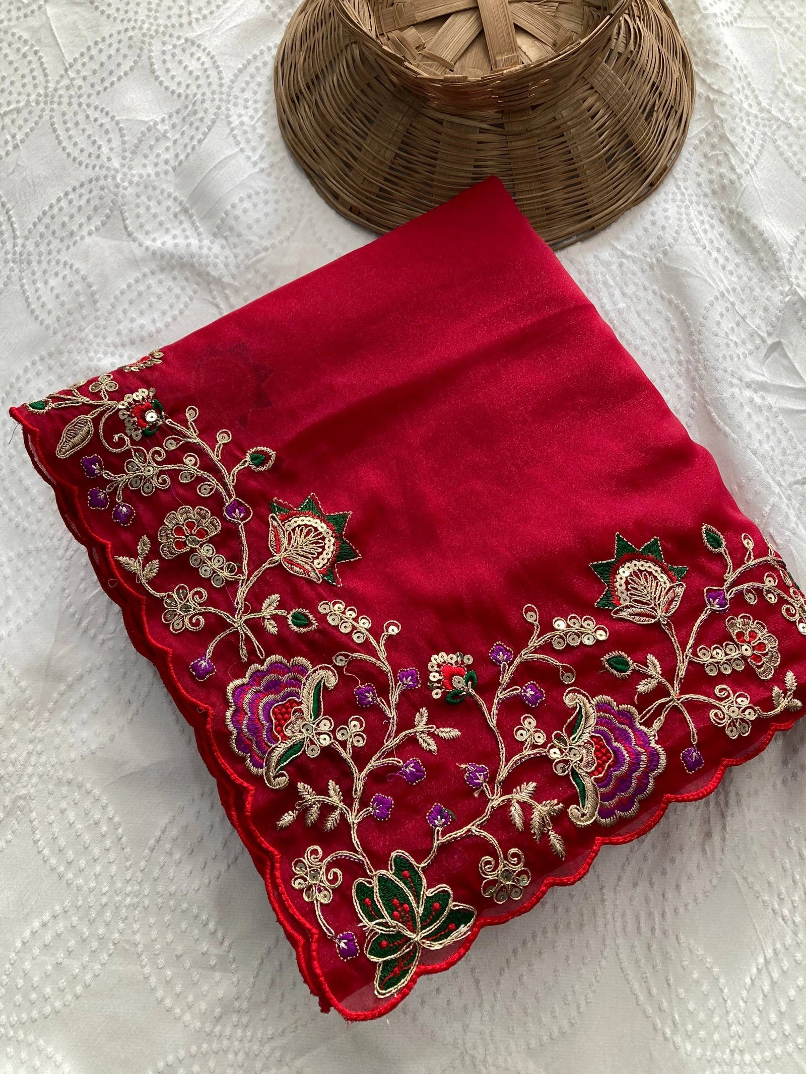 dark pink embroidery work soft georgette saree