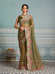 Olive Green Embroidery Work Soft Net Saree