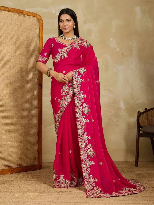 Dark Pink Embroidery Work Soft Fendy Chiffon Saree