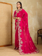Dark pink Embroidery Work Soft Fendy Chiffon Saree - kalyanja