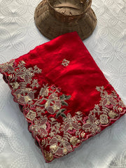 Dark pink Embroidery Work Soft Fendy Chiffon Saree