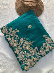 Sea Green Embroidery Work Soft Fendy Chiffon Saree