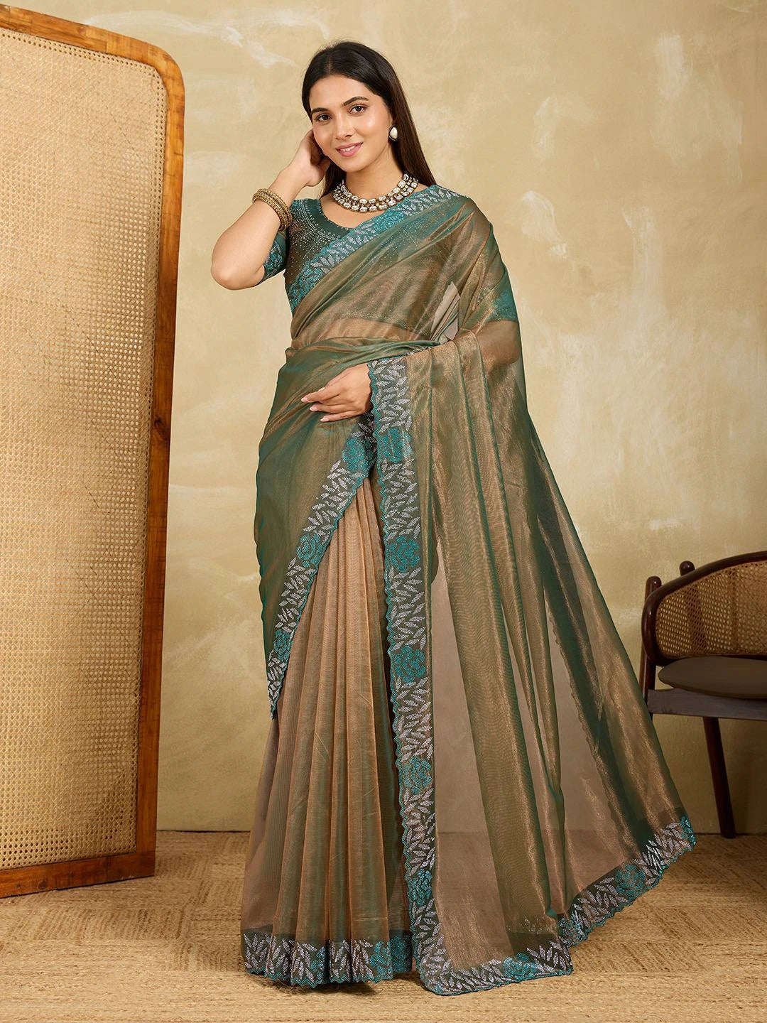 Sea Green Swarovski Work Fendy Soft Net Saree – Kalyanja