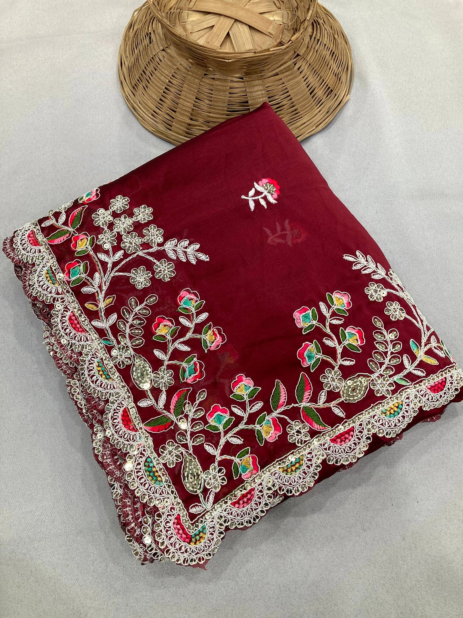 Maroon Embroidery Sequins Work Rangoli Silk Saree - kalyanja