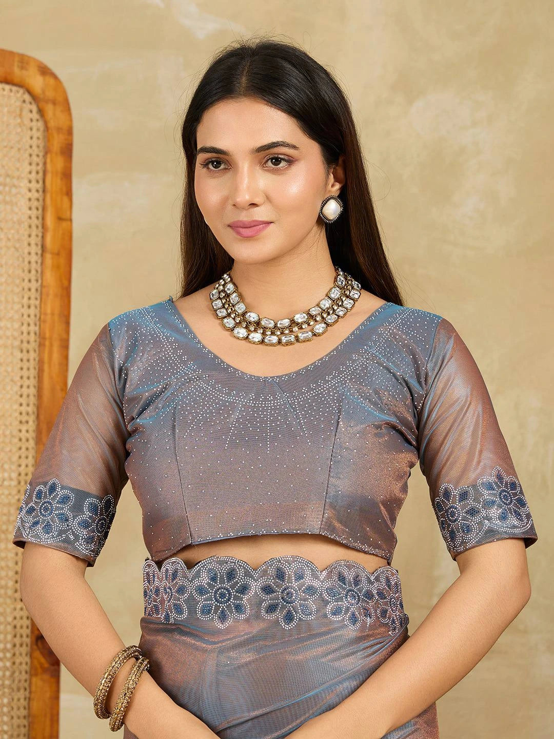 Brown Swarovski Work Fendy Soft Net Saree - kalyanja