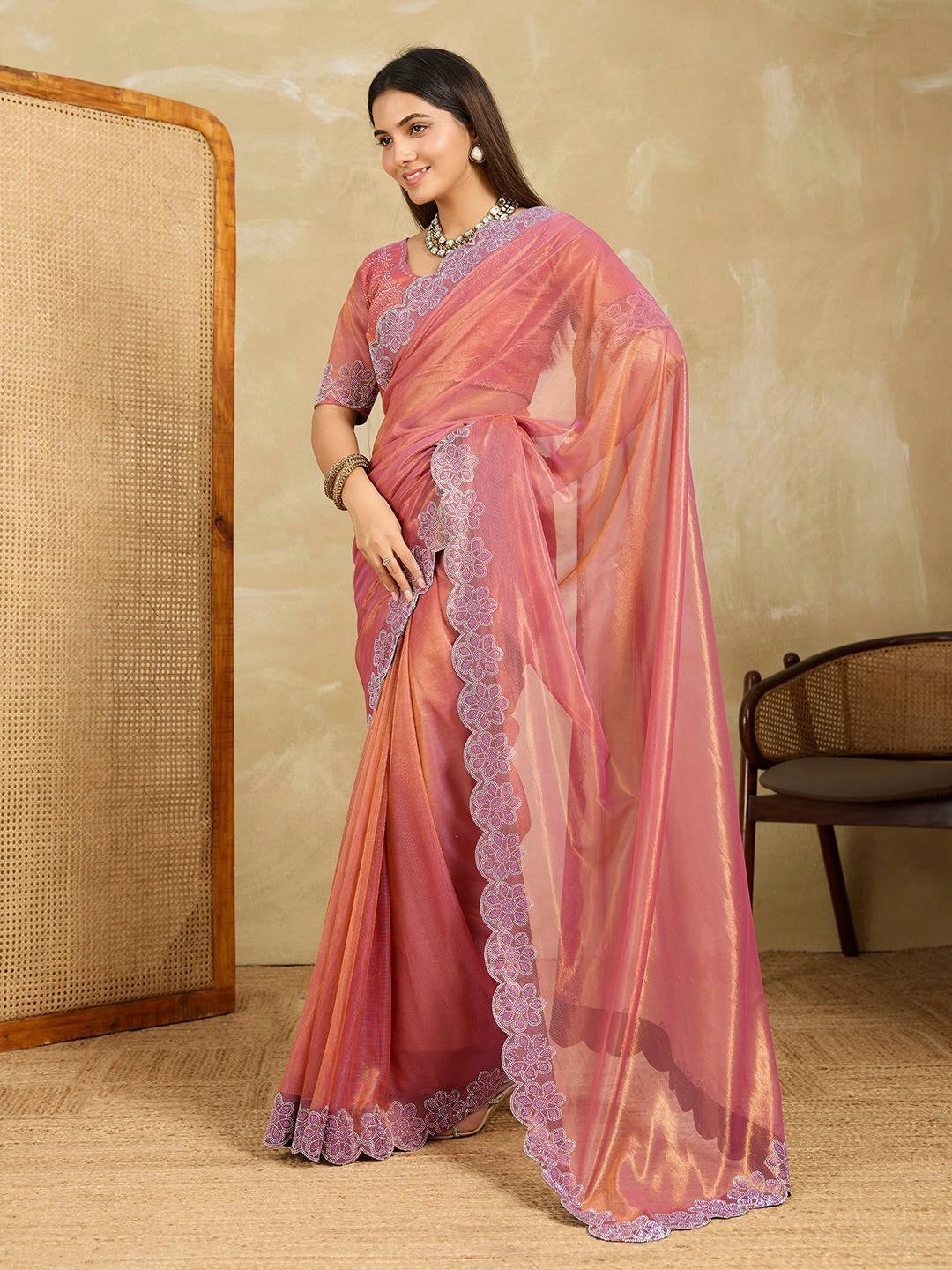 Pink Swarovski Work Fendy Soft Net Saree - kalyanja