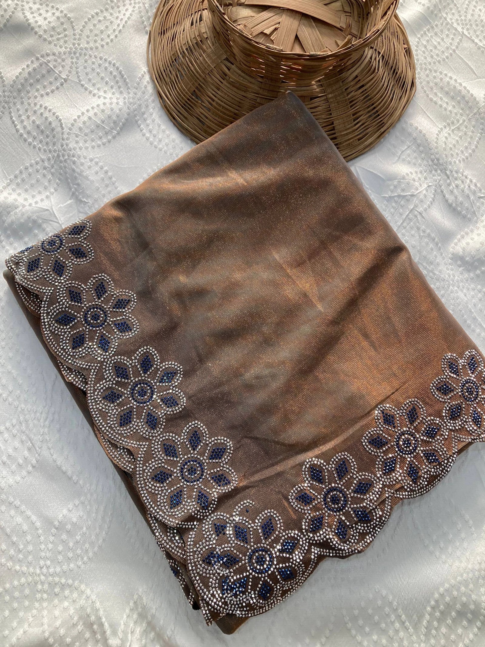 Brown Swarovski Work Fendy Soft Net Saree - kalyanja