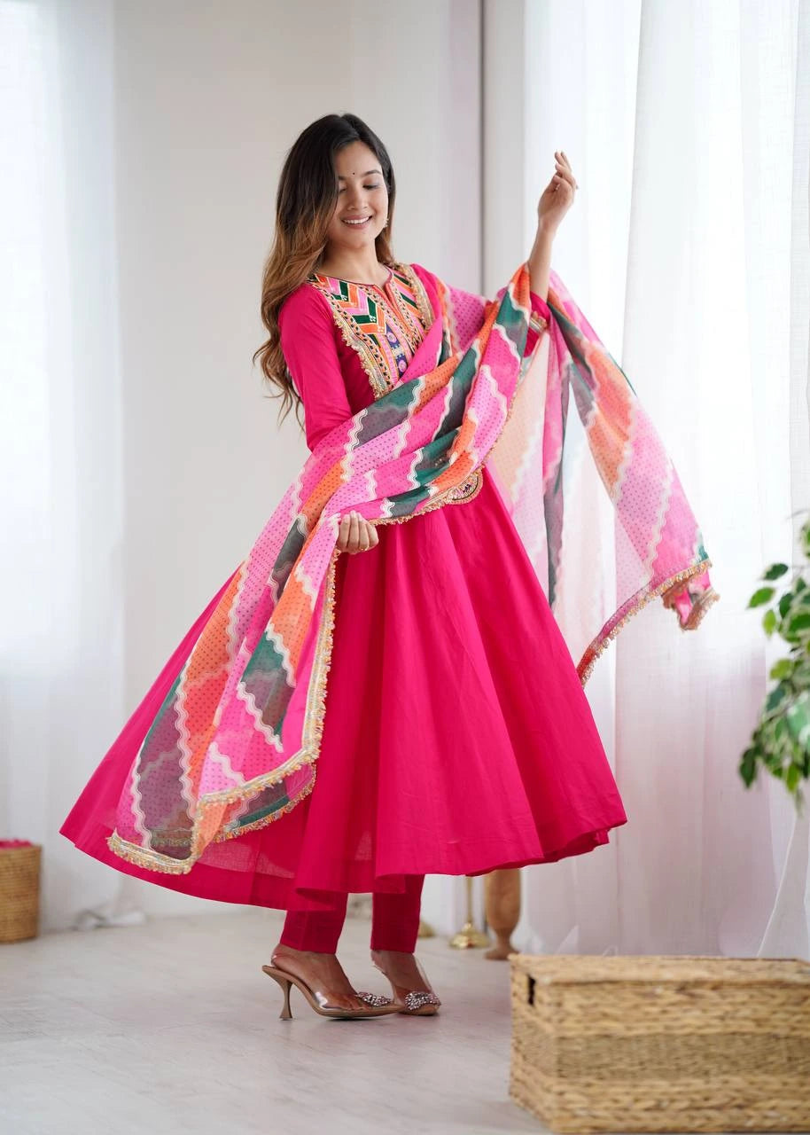 Dark Pink Embroidery Sequins & Mirror Work Khadi Cotton Suit – Kalyanja