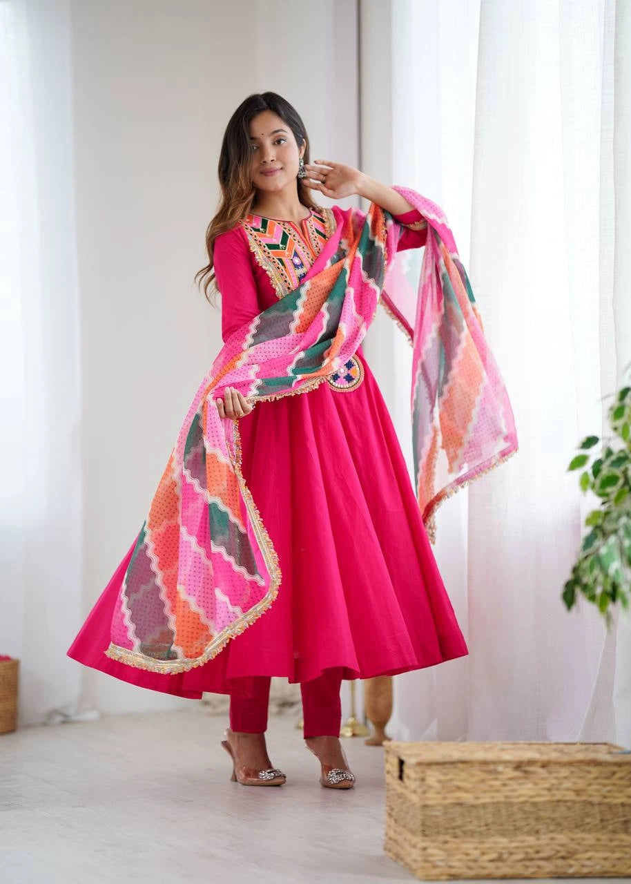 Dark Pink Embroidery Sequins & Mirror Work Khadi Cotton Suit – Kalyanja