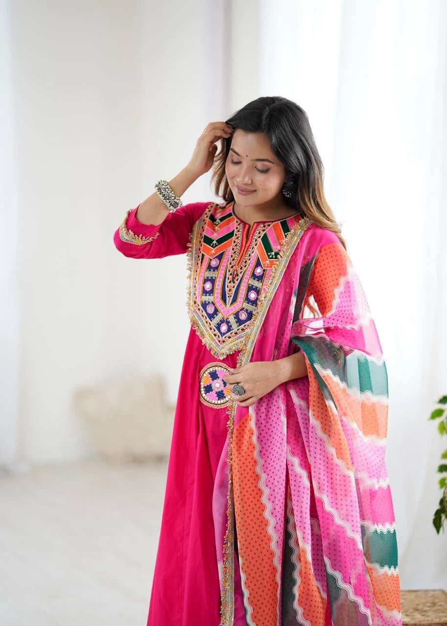 Dark Pink Embroidery Sequins & Mirror Work Khadi Cotton Suit – Kalyanja