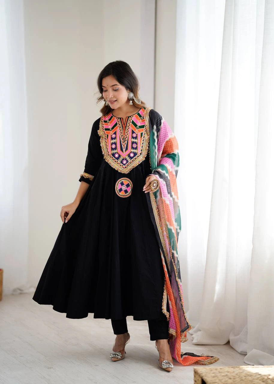 Black Embroidery Sequins Mirror Work Khadi Cotton Suit
