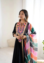 Black Embroidery Sequins Mirror Work Khadi Cotton Suit