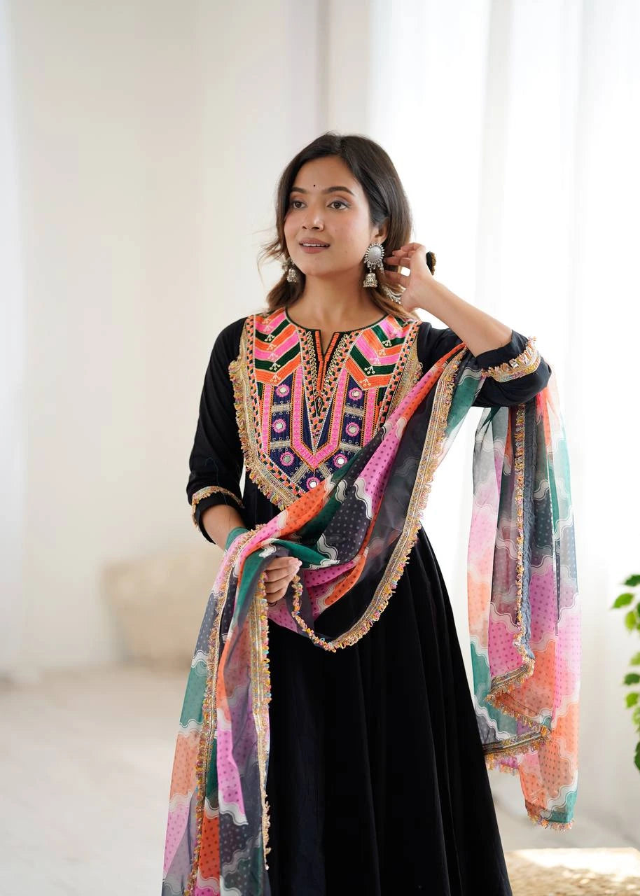 Black Embroidery Sequins Mirror Work Khadi Cotton Suit