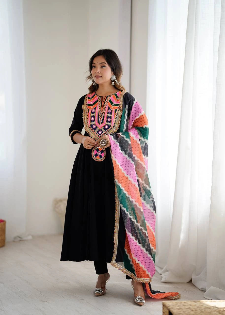 Black Embroidery Sequins & Mirror Work Khadi Cotton Suit