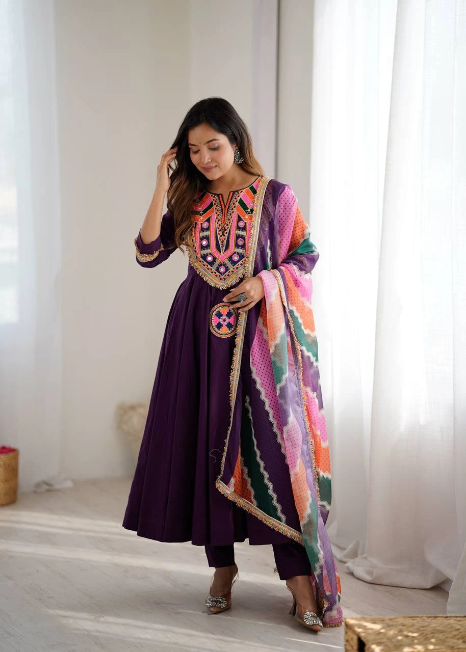 Mirror work Khadi cotton suit in purple – Kalyanja.