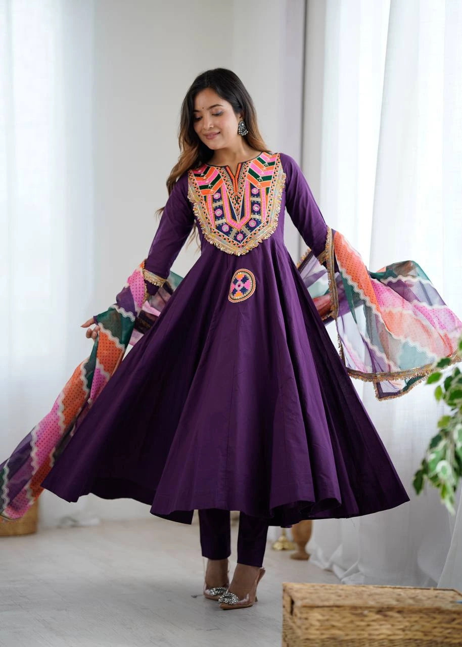 Mirror work Khadi cotton suit in purple – Kalyanja.