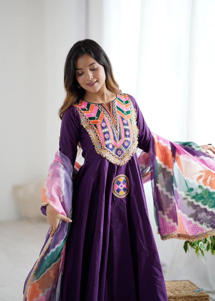 Mirror work Khadi cotton suit in purple – Kalyanja.