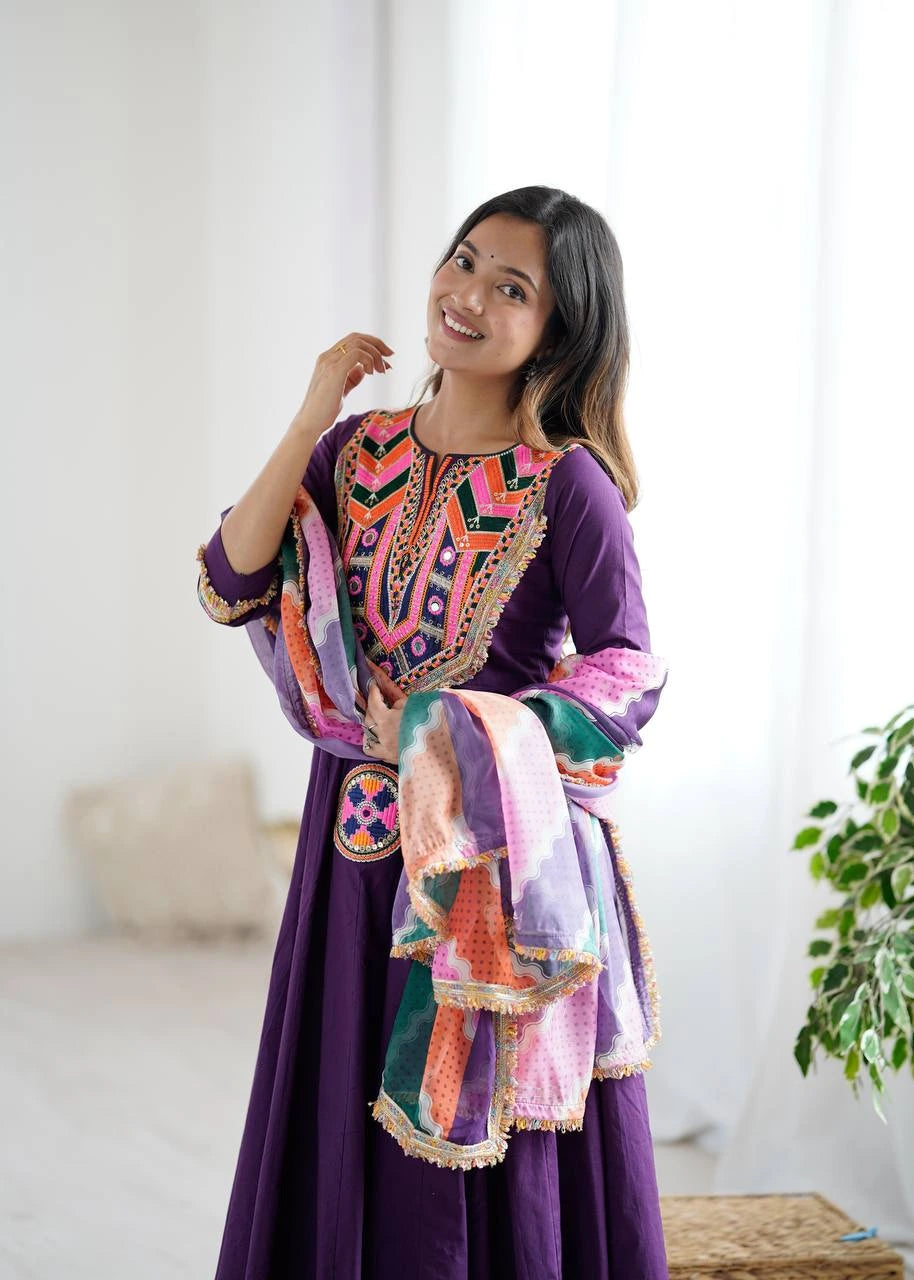 Mirror work Khadi cotton suit in purple – Kalyanja.
