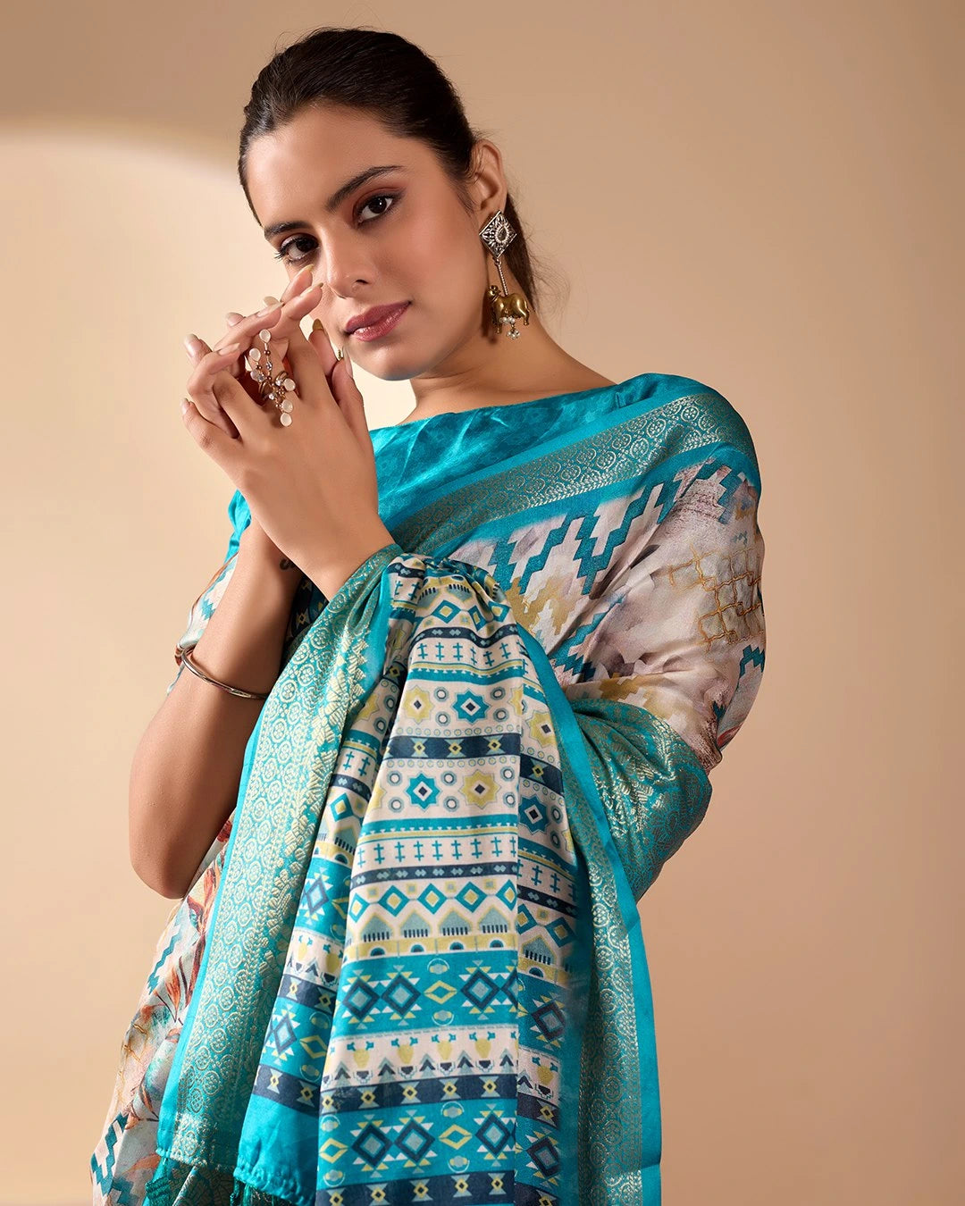 Beige Digital Print with Zari Woven Border Soft Lichi Silk Saree - kalyanja
