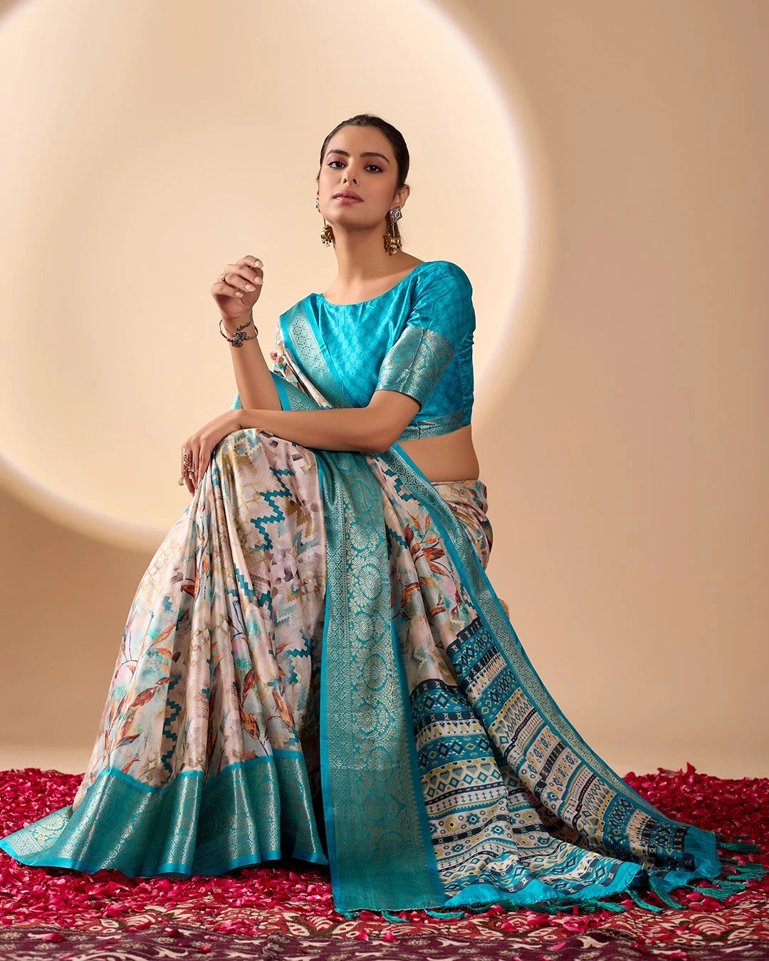 Beige Digital Print with Zari Woven Border Soft Lichi Silk Saree - kalyanja