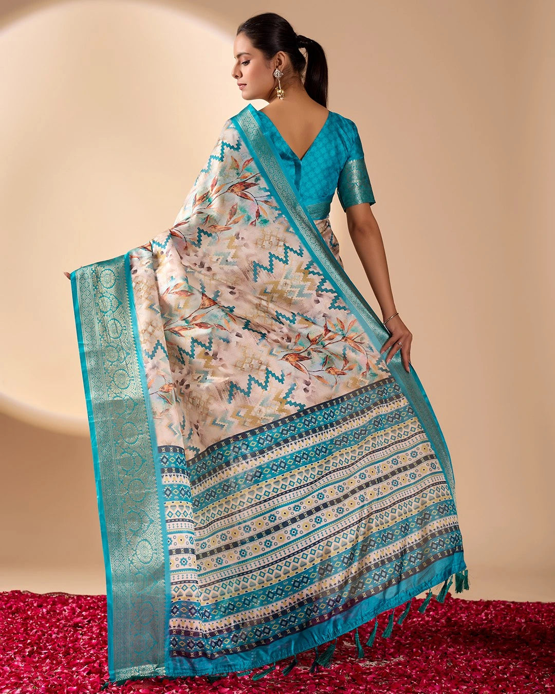 Beige Digital Print with Zari Woven Border Soft Lichi Silk Saree - kalyanja