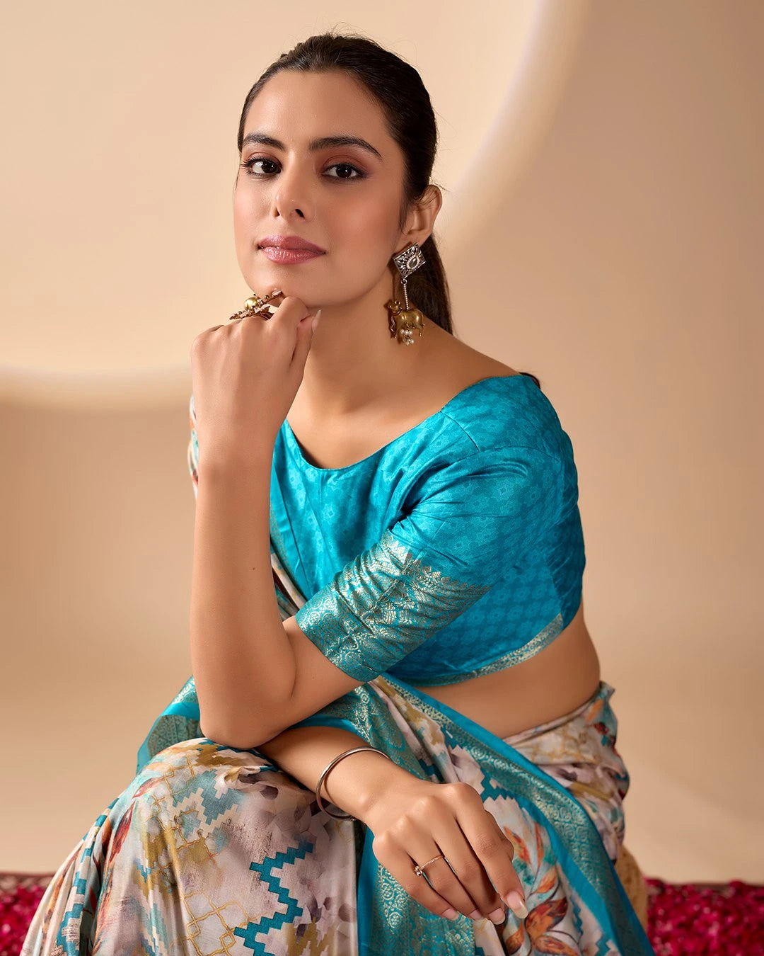 Beige Digital Print with Zari Woven Border Soft Lichi Silk Saree – Kalyanja