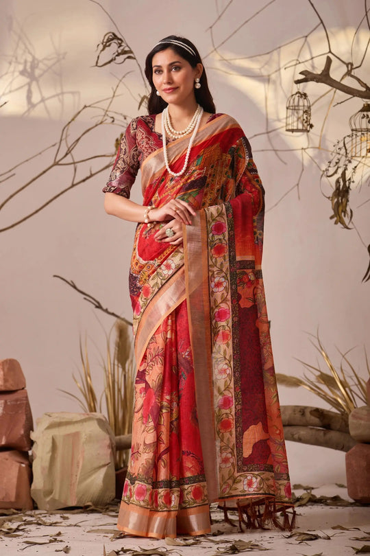 Red Digital Floral Print Linen Cotton Saree – Kalyanja