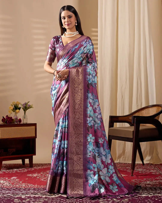 Purple Floral Print Zari Woven Border Soft Lichi Silk Saree – Kalyanja