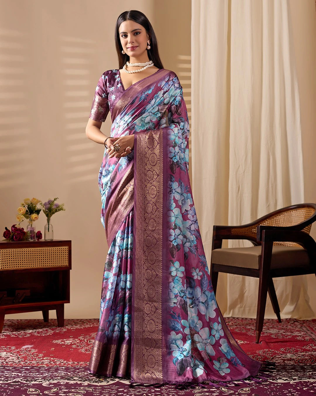 Purple Floral Print Zari Woven Border Soft Lichi Silk Saree – Kalyanja