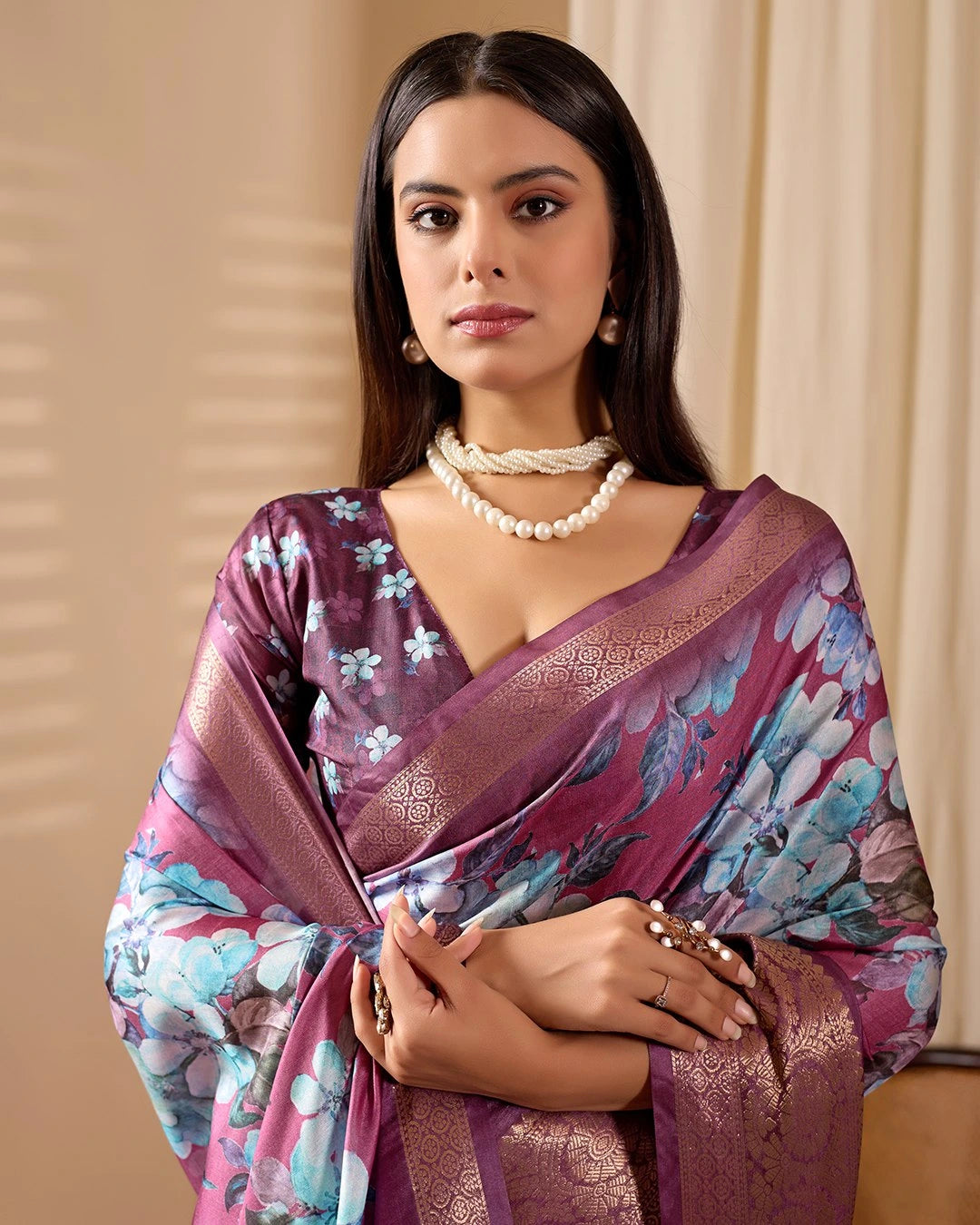 Purple Floral Print Zari Woven Border Soft Lichi Silk Saree - kalyanja