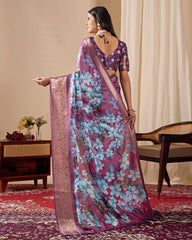 Purple Floral Print Zari Woven Border Soft Lichi Silk Saree – Kalyanja