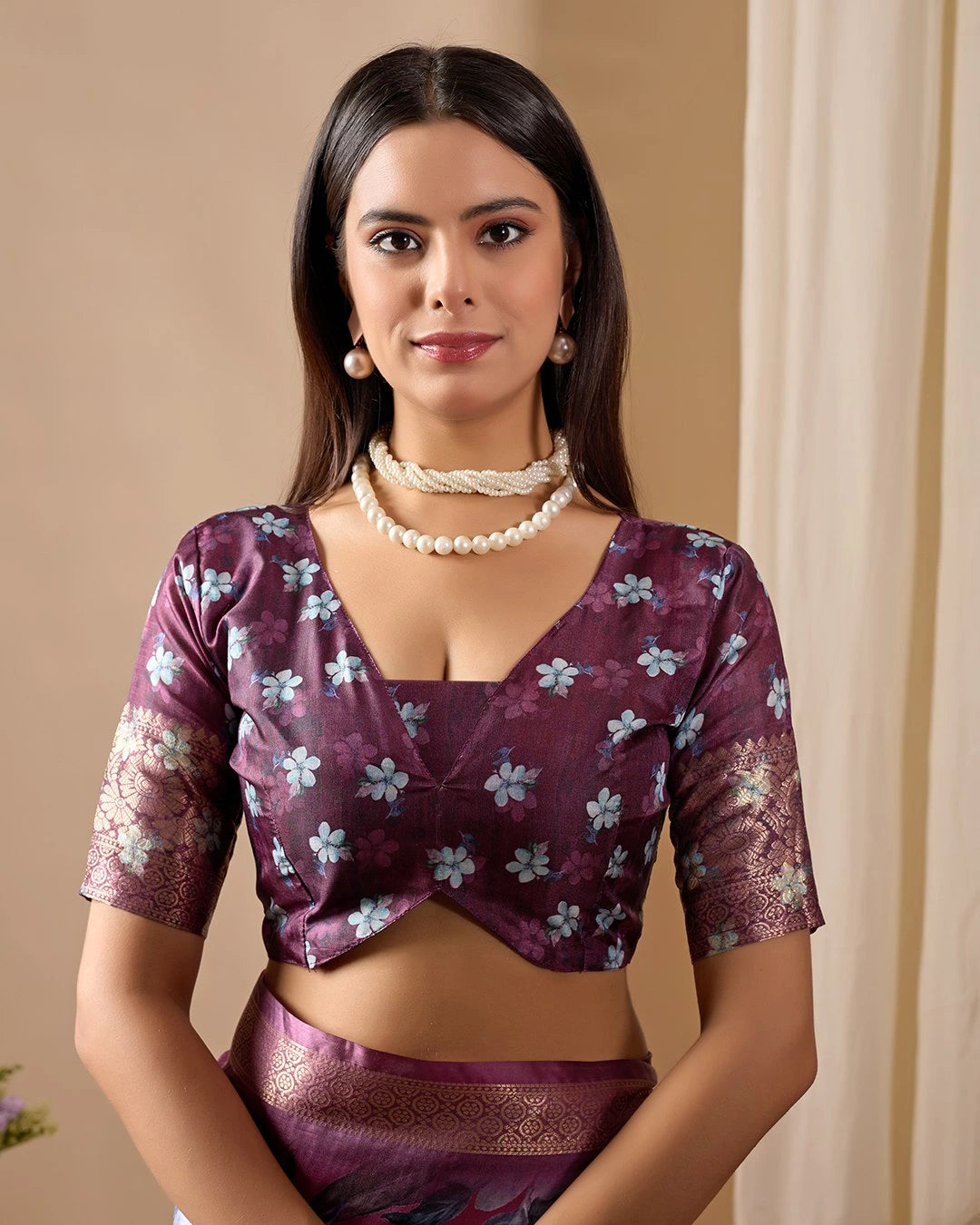 Purple Floral Print Zari Woven Border Soft Lichi Silk Saree – Kalyanja