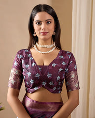 Purple Floral Print Zari Woven Border Soft Lichi Silk Saree – Kalyanja