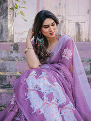 Printed purple soft linen cotton saree – Kalyanja.