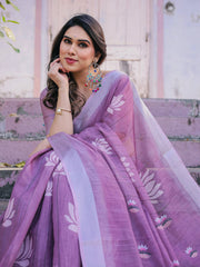 Printed purple soft linen cotton saree – Kalyanja.