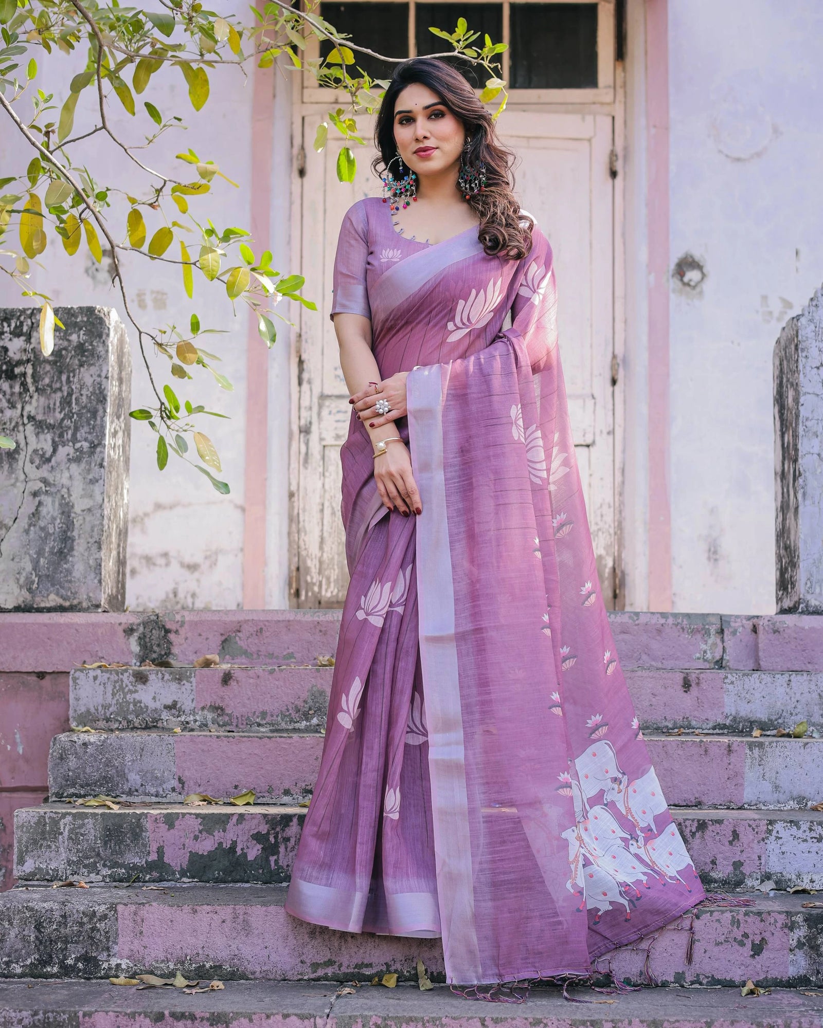 Printed purple soft linen cotton saree – Kalyanja.